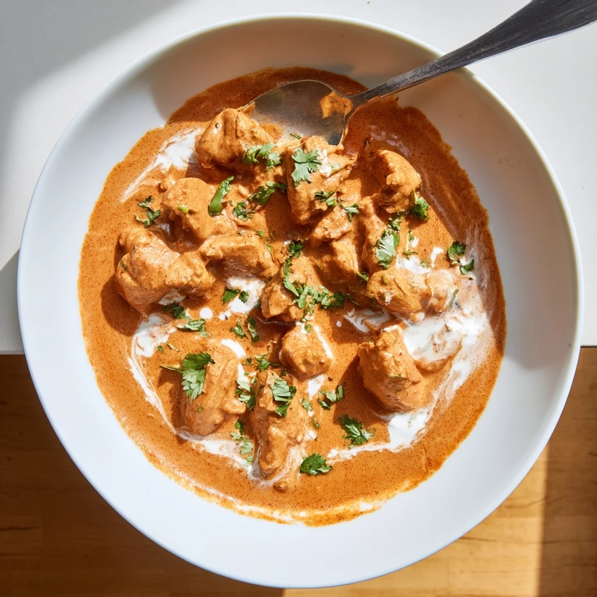 Creamy Instant Pot butter chicken with tender pieces swimming in spiced tomato sauce garnished with fresh cilantro