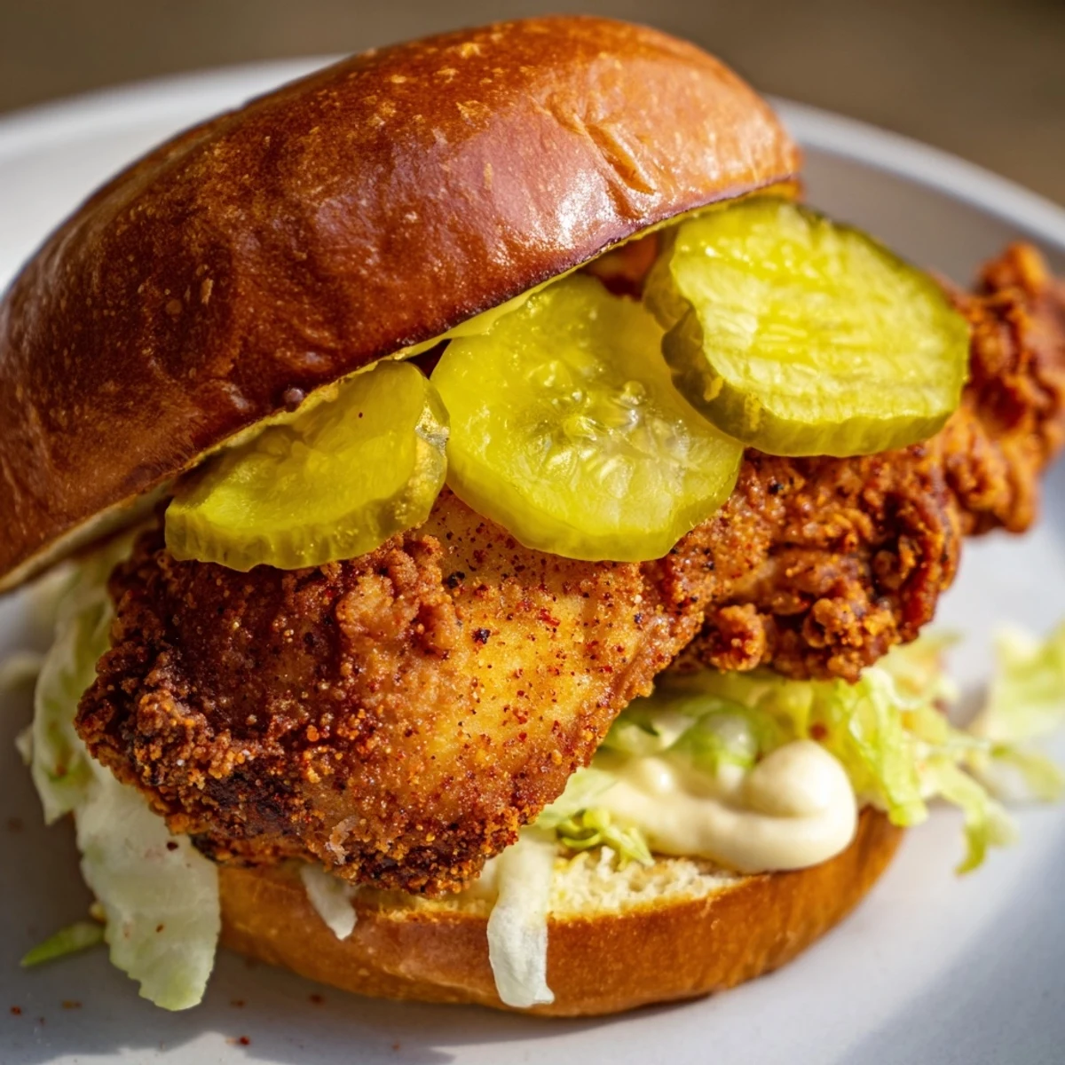 Golden pickle brined fried chicken sandwich piled high with crisp lettuce and tangy pickles on a toasted brioche bun