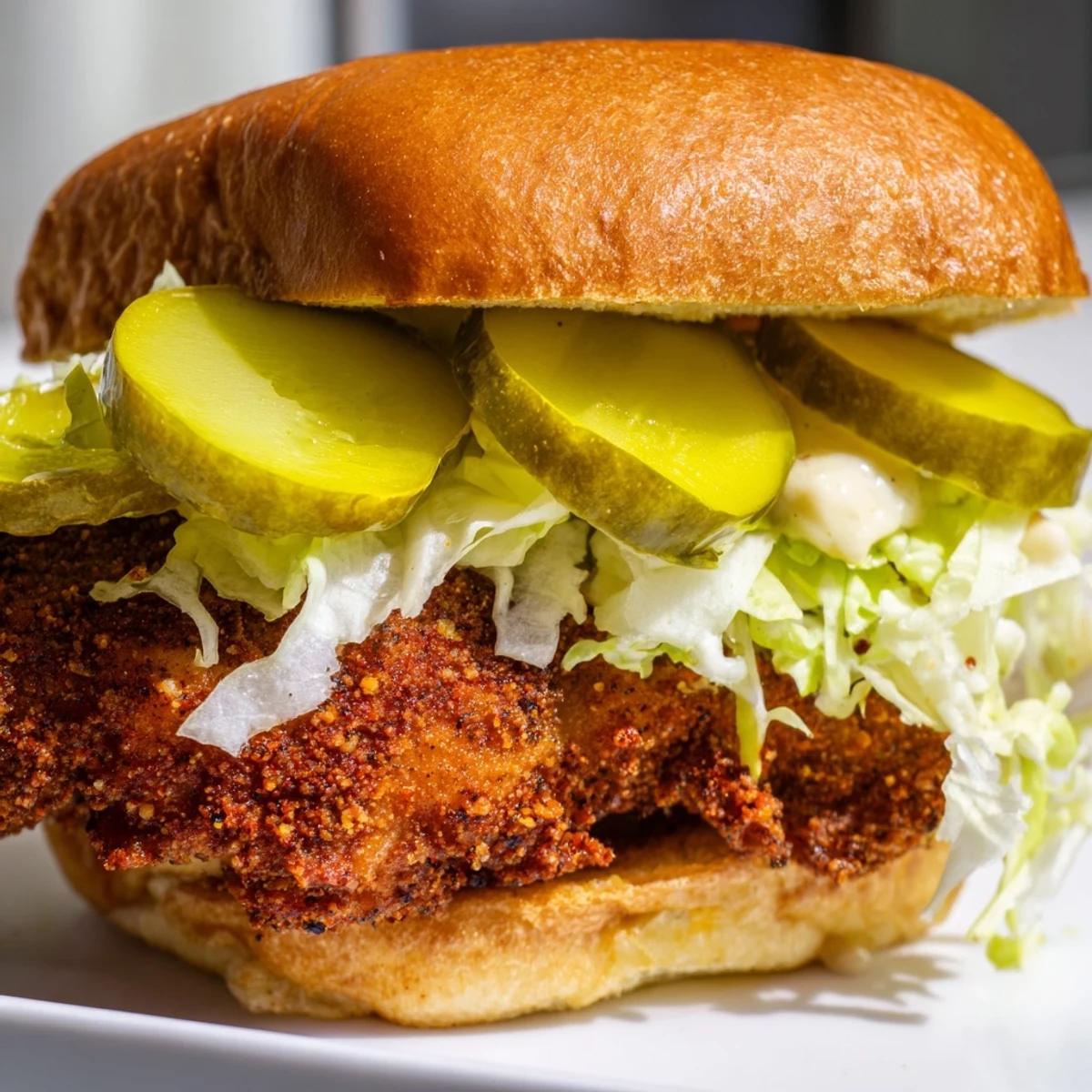 Crispy fried chicken thigh marinated in tangy pickle juice served on a soft potato bun with fresh shredded lettuce