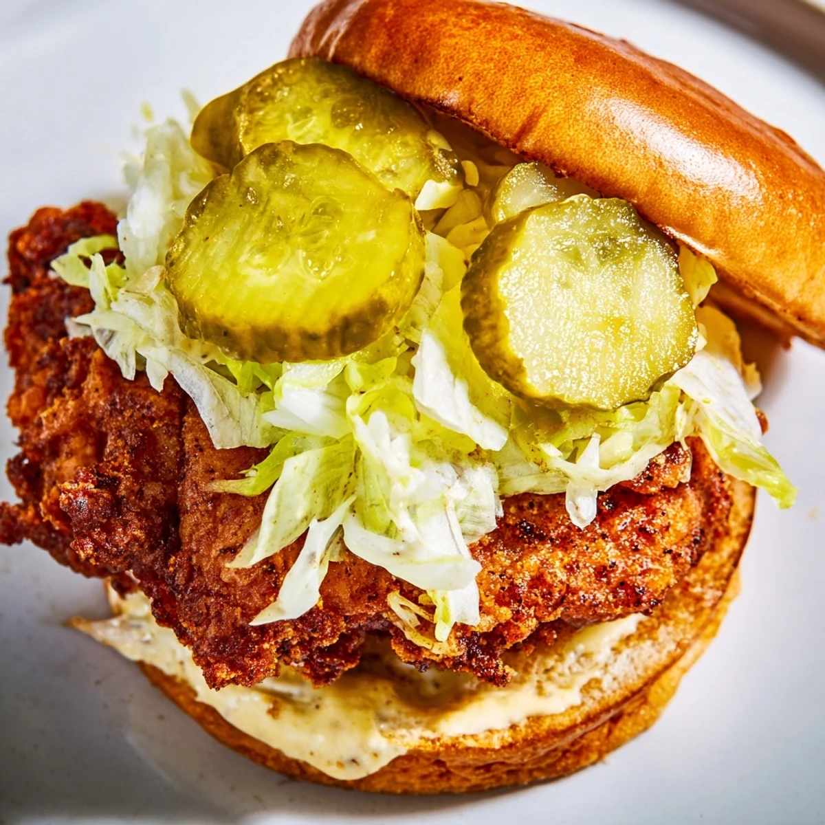 Juicy pickle brined fried chicken sandwich with crunchy golden coating, dill pickle chips, and creamy mustard mayonnaise sauce