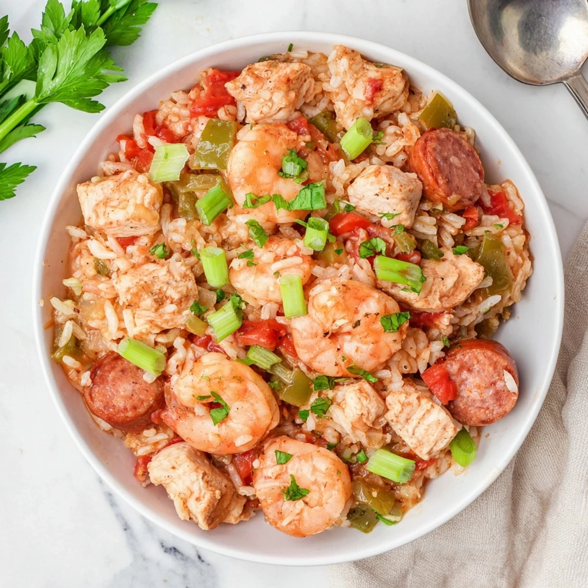 Slow cooker Crock Pot Jambalaya featuring tender chicken, smoked sausage, and pink shrimp in a rich, spiced tomato broth