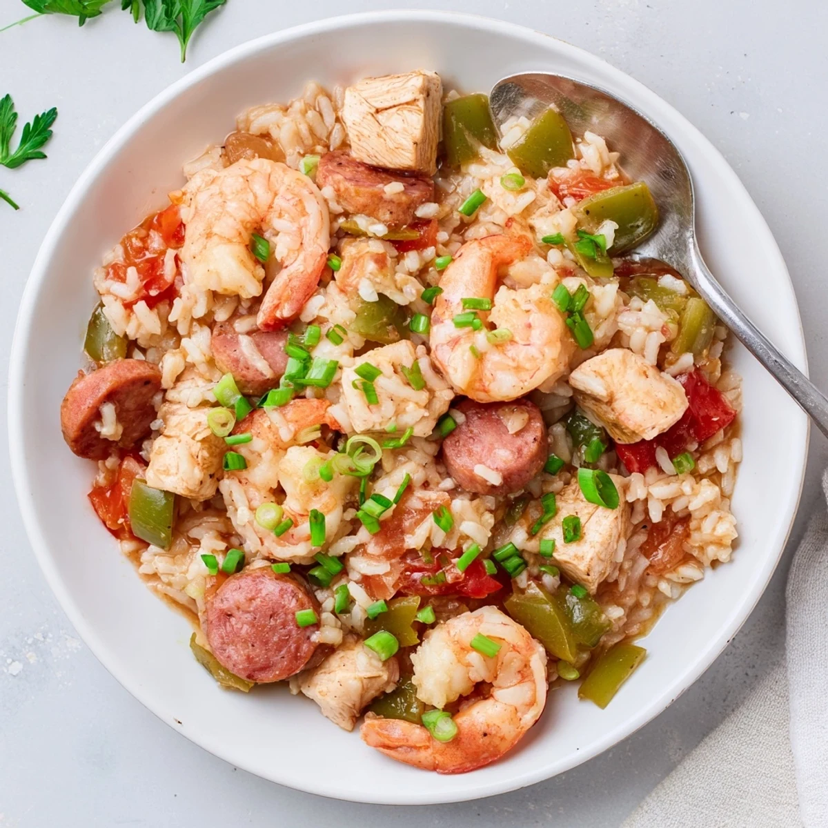 Hearty Crock Pot Jambalaya bowl brimming with andouille sausage, succulent shrimp, and fluffy rice in a savory Creole sauce