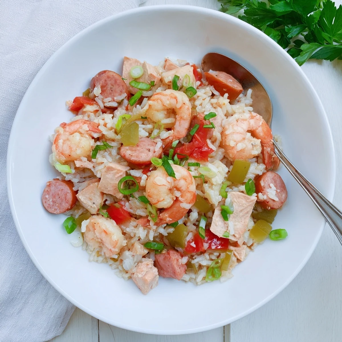 Colorful Crock Pot Jambalaya topped with fresh green onions, showcasing chicken, shrimp, and sausage in a spicy, slow-cooked medley