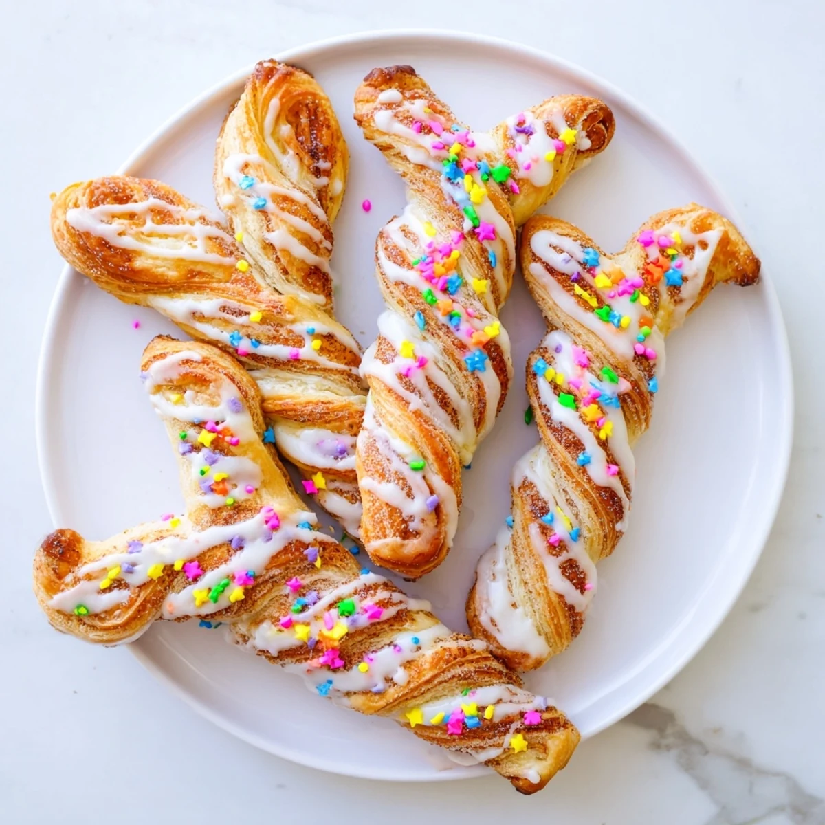 Warm pastry Easter Bunny Twists shaped like bunny ears with sweet glaze and pastel decorations