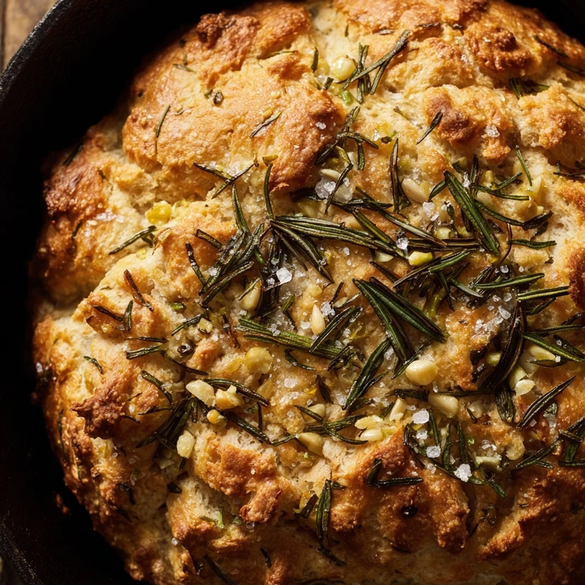 Golden rustic garlic rosemary skillet bread with flaky sea salt on a wooden board