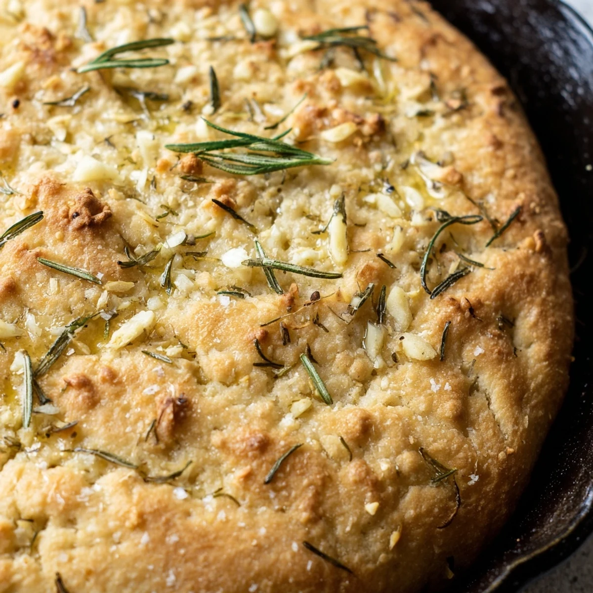 Sliced rustic garlic rosemary skillet bread ready for dipping with fresh herbs visible