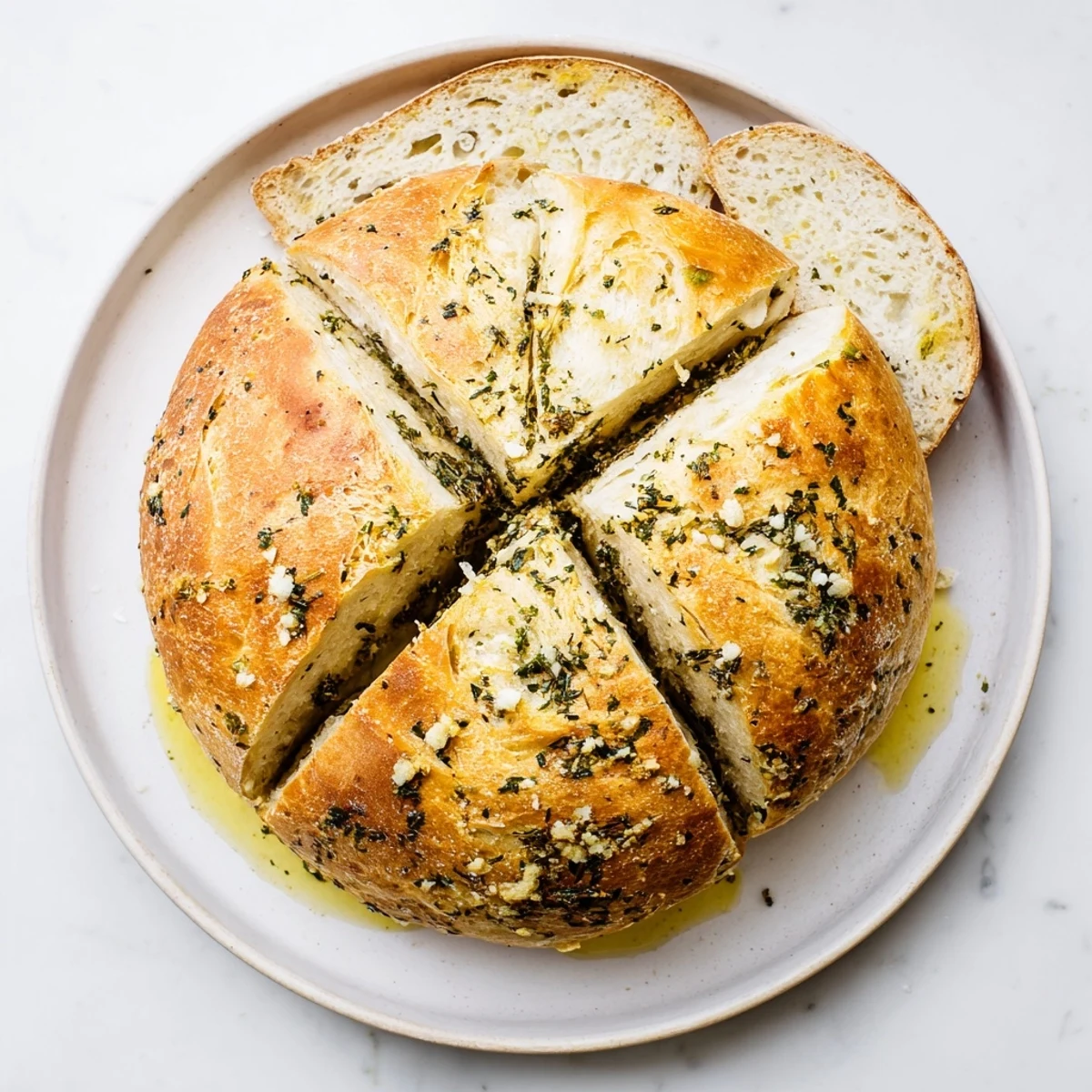Golden brown garlic herb Dutch oven bread with a crisp, rustic crust and tender interior