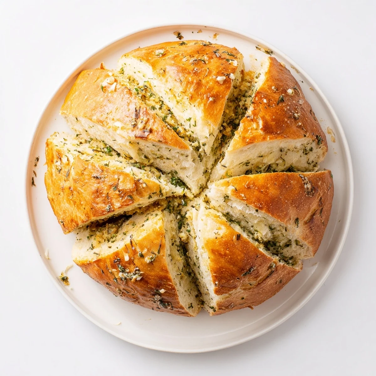 Fresh rosemary and thyme speckled artisan bread loaf baked in a Dutch oven with deep scoring