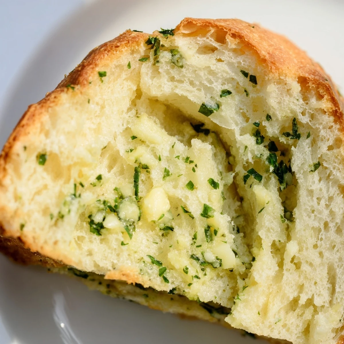Golden garlic and herb bread loaf fresh from the oven with melted butter