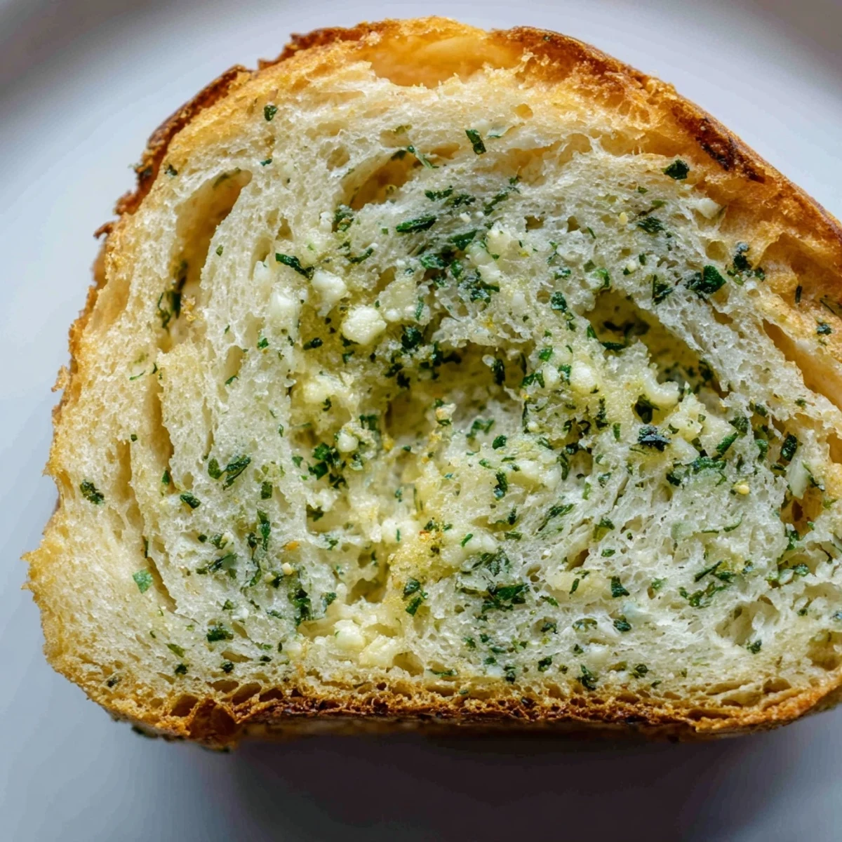 Homemade garlic and herb bread served on wooden board with fresh rosemary garnish