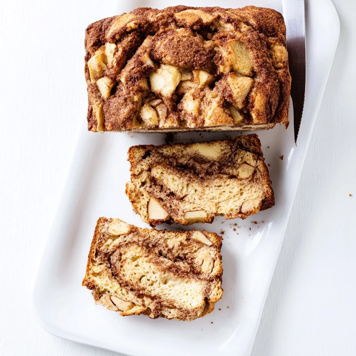 Golden brown cinnamon apple bread loaf with a marbled cinnamon sugar swirl on top