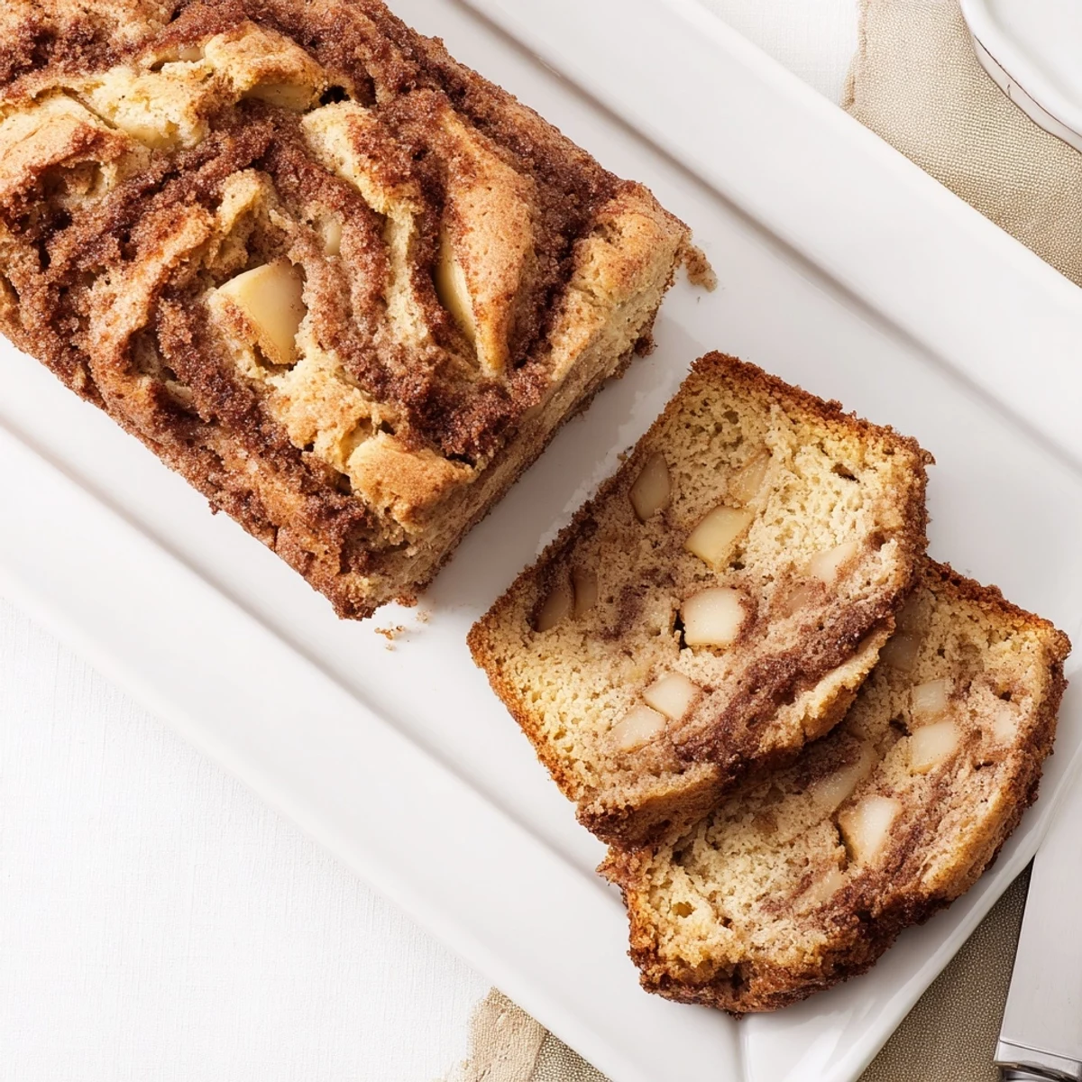 Sliced moist cinnamon apple bread revealing tender apple pieces and warm spice layers