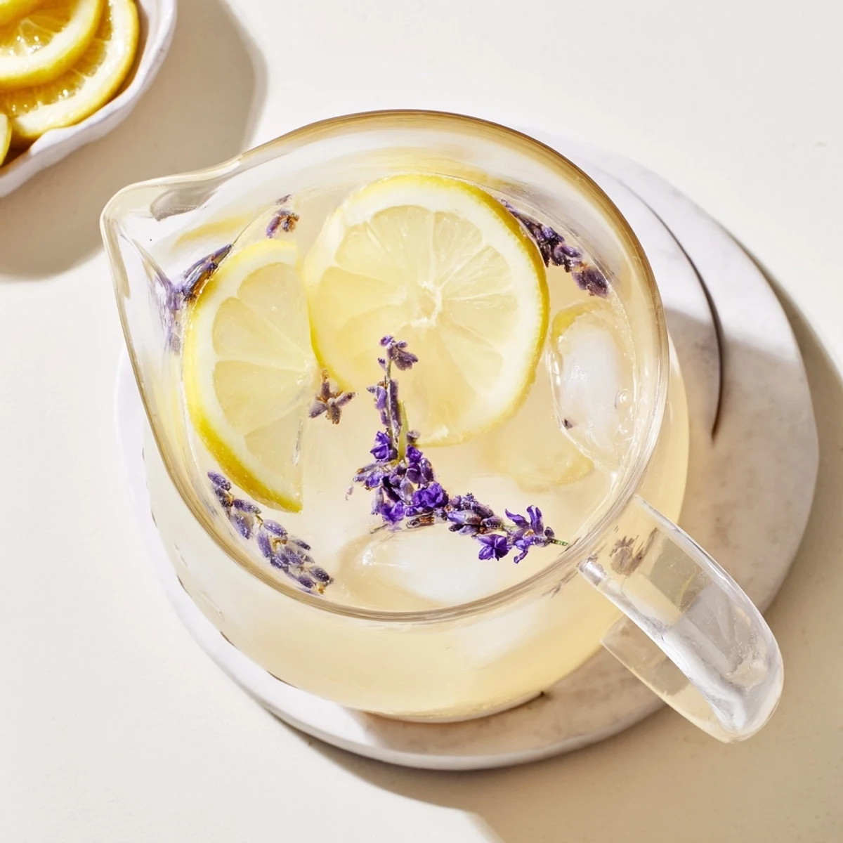 Glass pitcher of lavender lemonade garnished with fresh lemon slices and purple lavender sprigs over ice