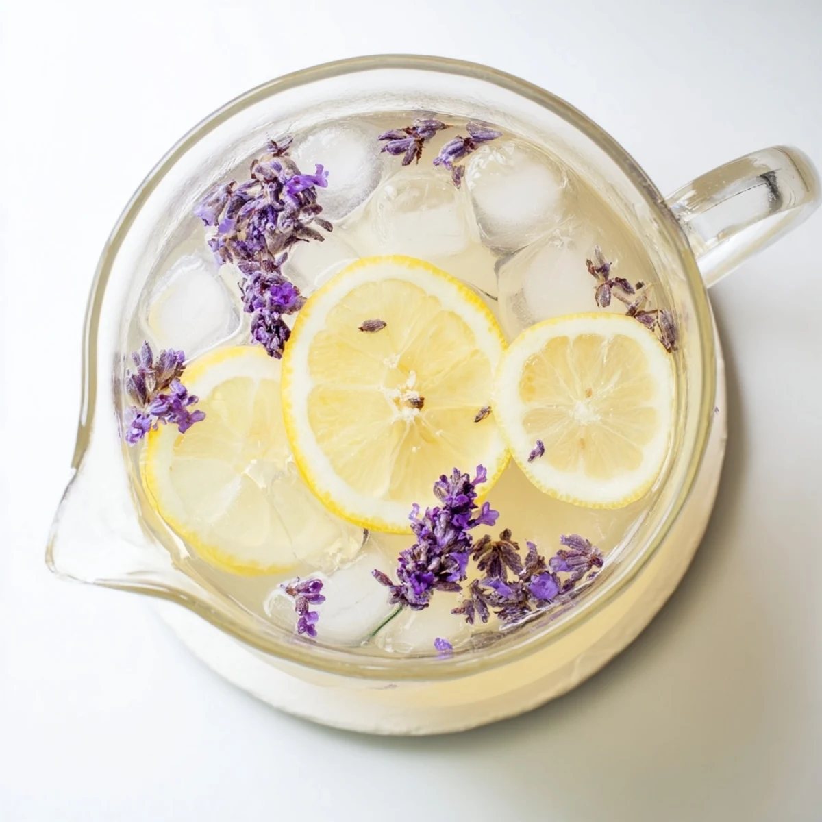 Pale yellow floral lavender lemonade drink poured over ice with lemon slice garnish and lavender sprig accent
