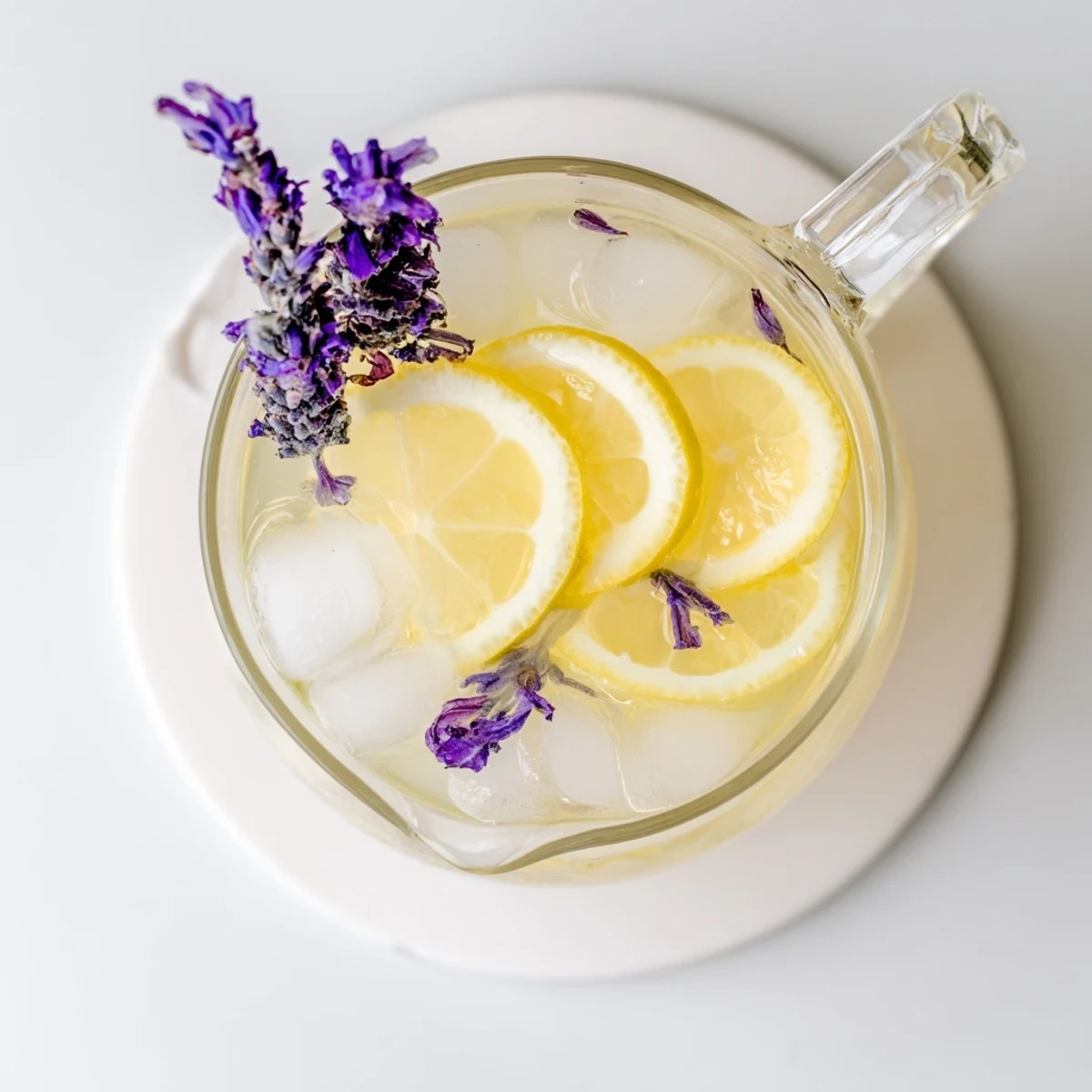 Refreshing lavender lemonade served in a mason jar with ice and lemon wheel on a sunny wooden table