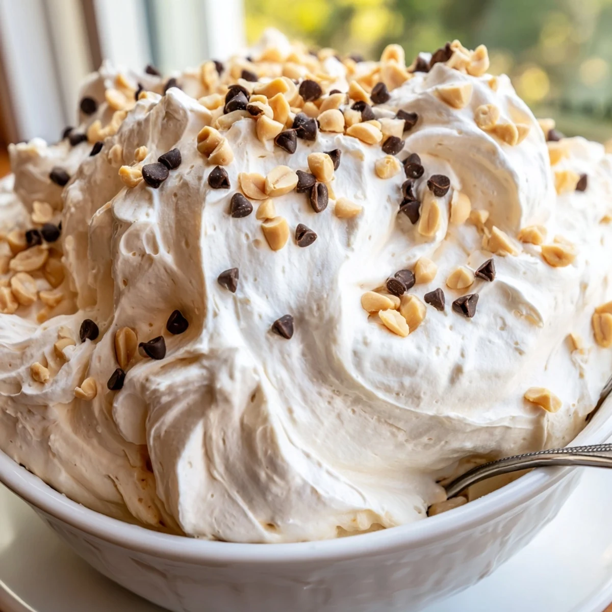 Fluffy peanut butter mousse dessert topped with roasted peanuts and mini chocolate chips