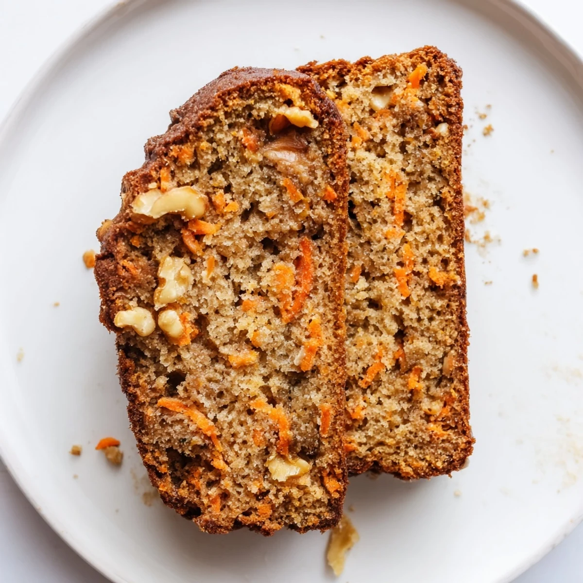 Golden carrot cake banana bread loaf with cinnamon spices and chopped walnuts on a wooden cutting board