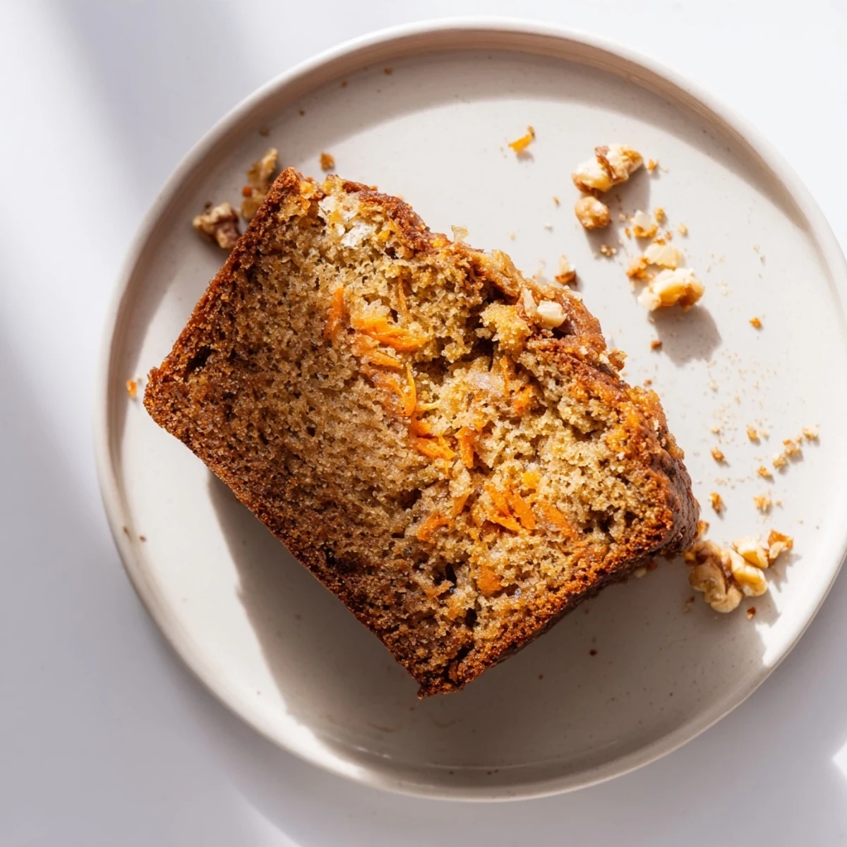 Moist slice of carrot cake banana bread topped with cream cheese glaze and grated carrot garnish