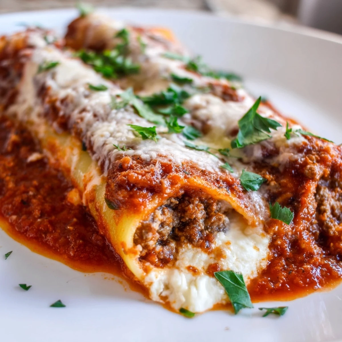 Tender pasta tubes filled with creamy three cheese blend beneath bubbling tomato meat sauce topping