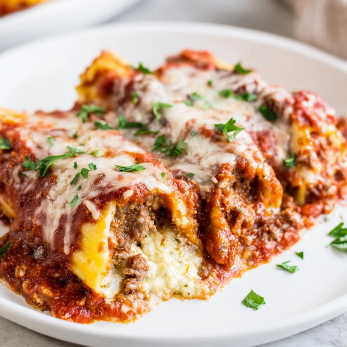 Cheese stuffed manicotti piping hot from oven with melted mozzarella and savory seasoned beef sauce