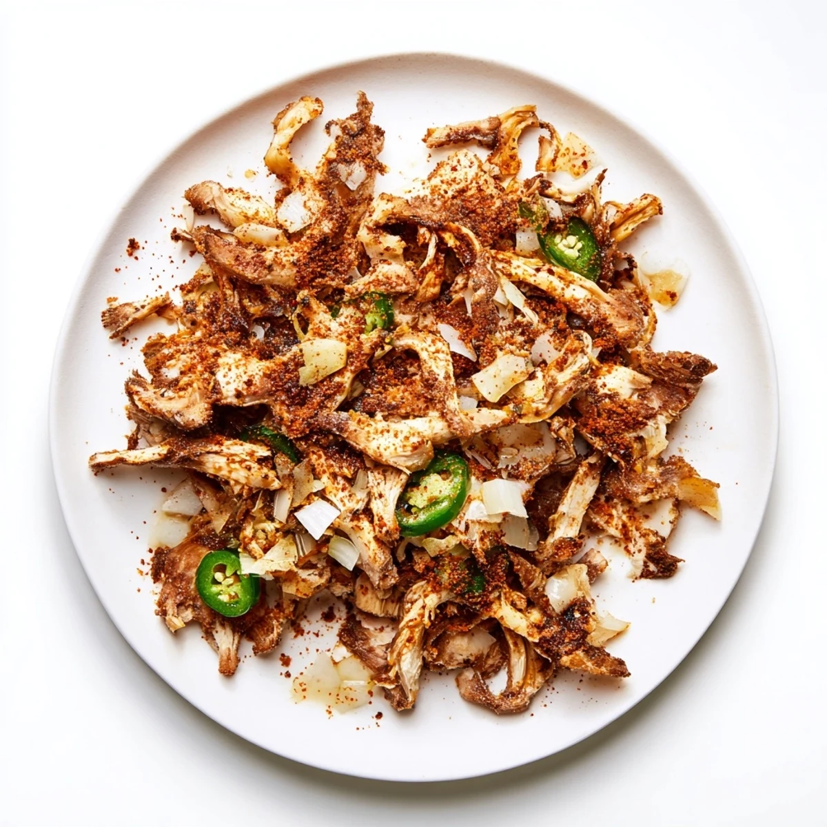 Savory spiced mushroom carnitas baking until crispy and caramelized on parchment paper