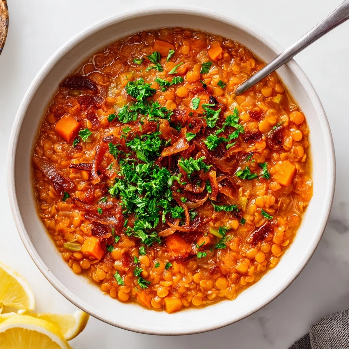 Steaming caramelized onion red lentil soup served with crusty bread and vibrant green parsley sprinkles