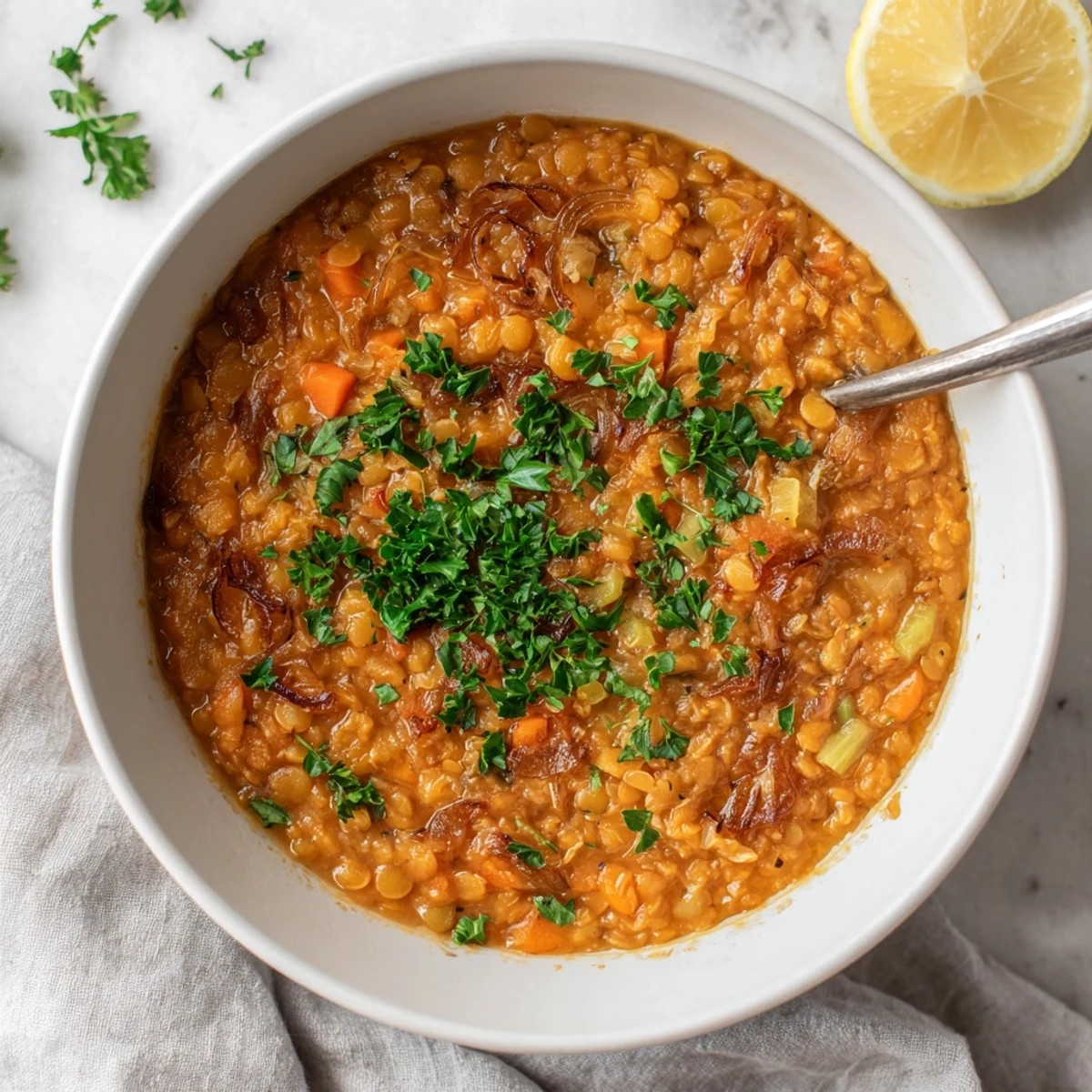 Creamy caramelized onion red lentil soup featuring golden onions and red lentils in white bowl