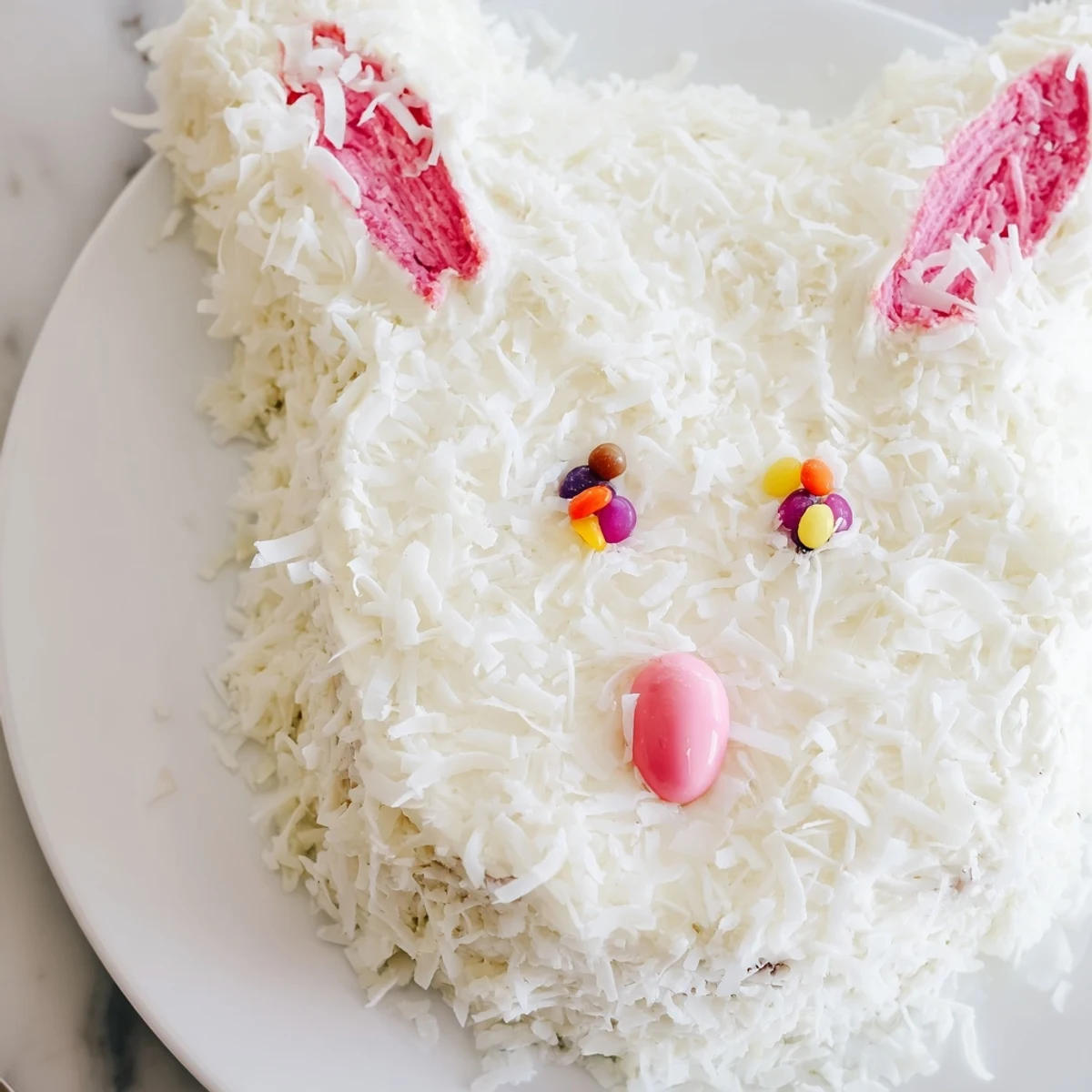 Moist vanilla bunny cake decorated with pink ears and candy features