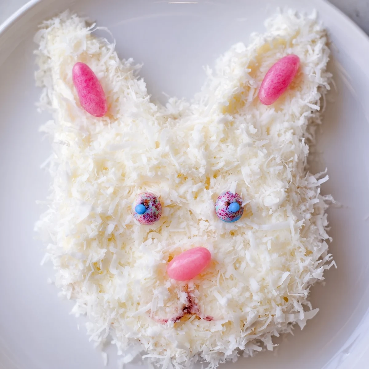 Adorable bunny cake with fluffy coconut frosting sits ready for Easter celebrations