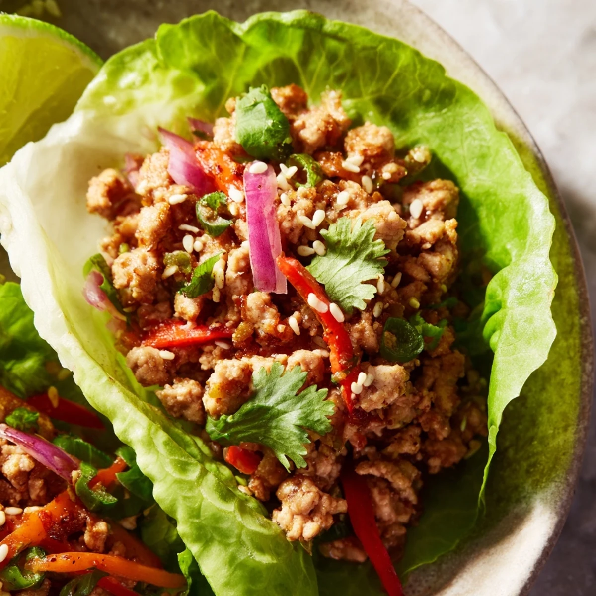 Seasoned ground turkey filling spooned into crisp romaine lettuce cups with fresh vegetables