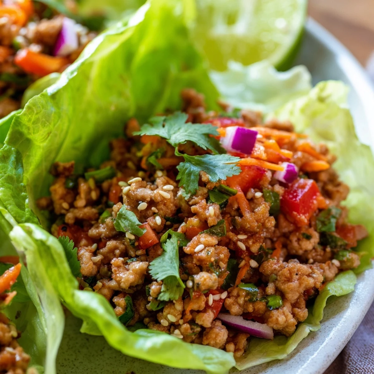 Healthy ground turkey lettuce wrap bowls topped with sesame seeds and cilantro garnish