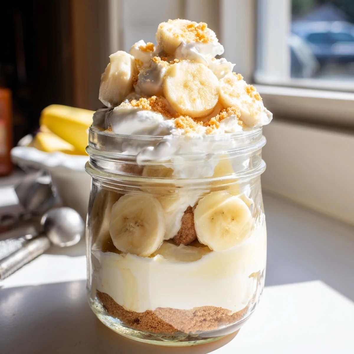 Creamy banana pudding cheesecake cups layered with fresh banana slices and vanilla wafer crumbs