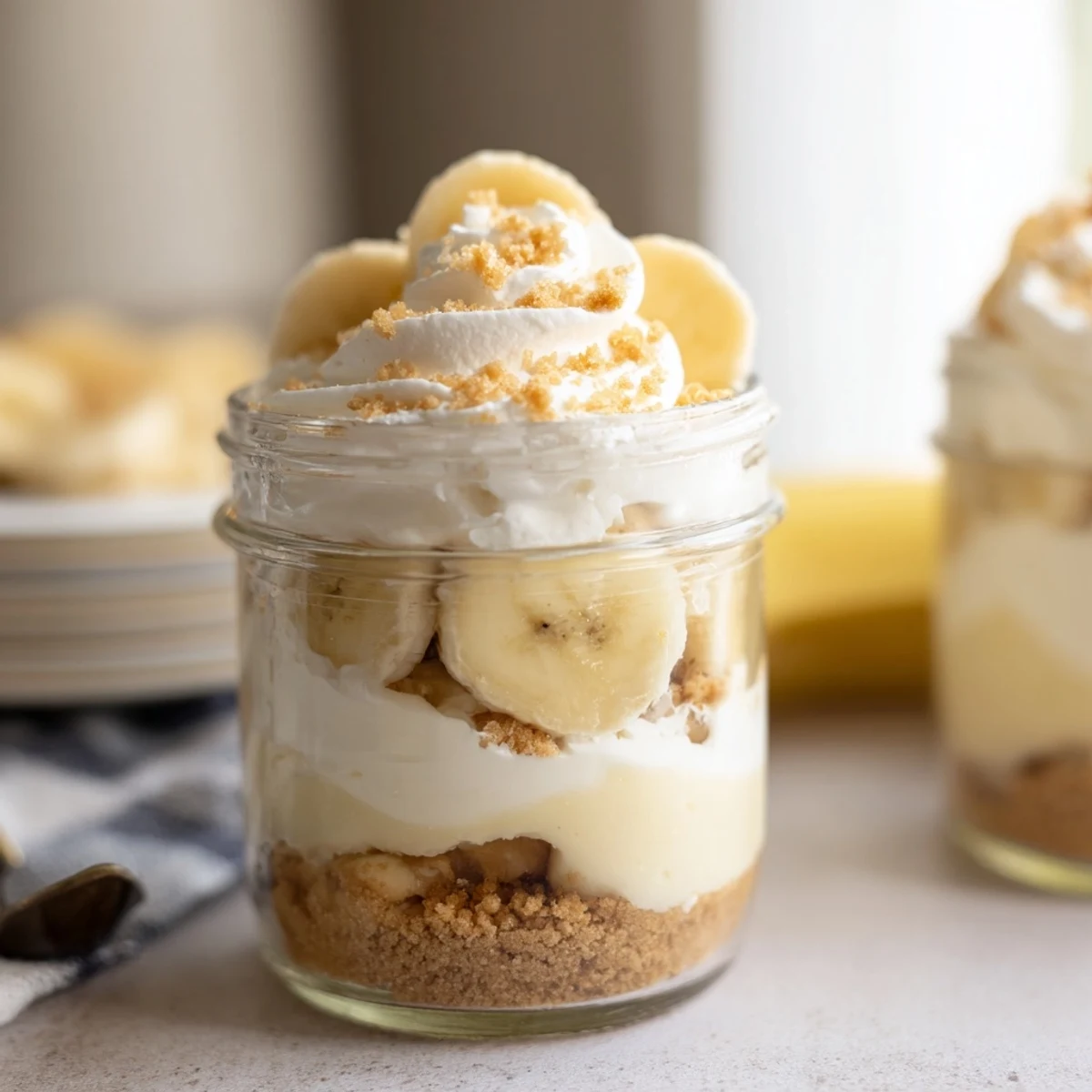 Individual no bake banana pudding cheesecake cups topped with whipped cream and golden cookie crumbs