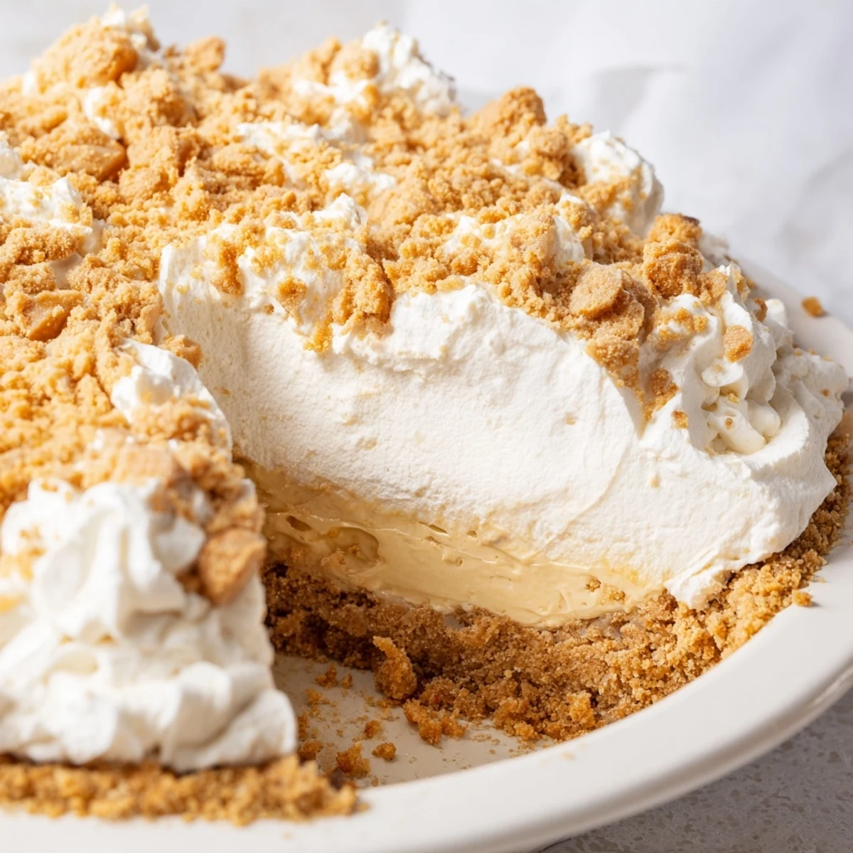 Creamy Amish Peanut Butter Dream Pie topped with whipped cream and golden crumbs in flaky crust