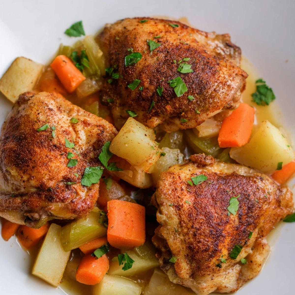 Slow cooker chicken dinner with tender vegetables in rich savory herb sauce