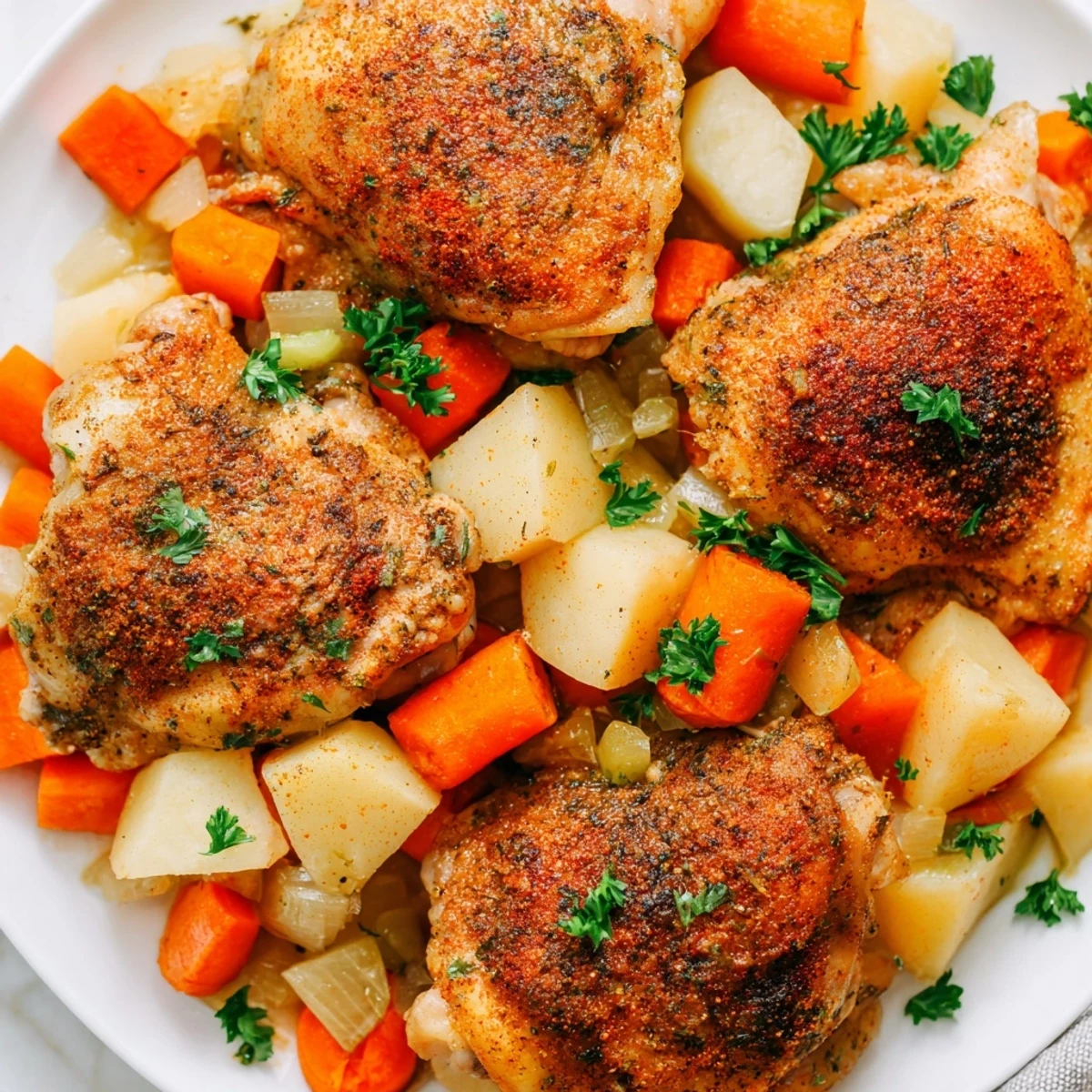 Juicy slow cooker chicken dinner served over chunks of carrots and potatoes
