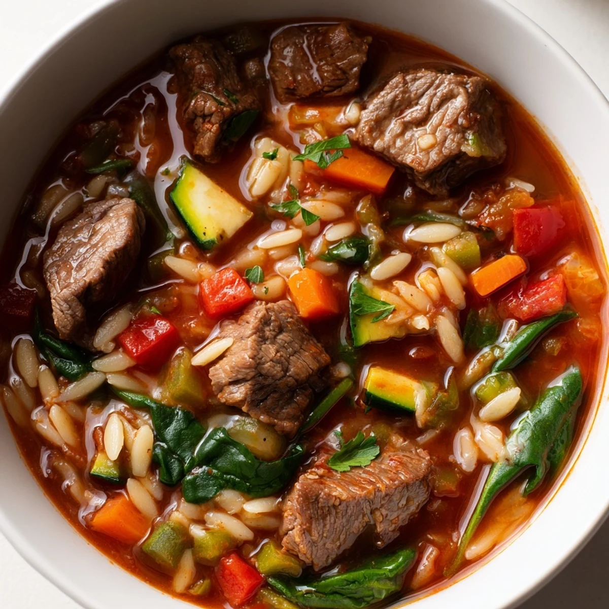 Hearty beef and orzo soup with tender meat and colorful vegetables in steaming savory broth
