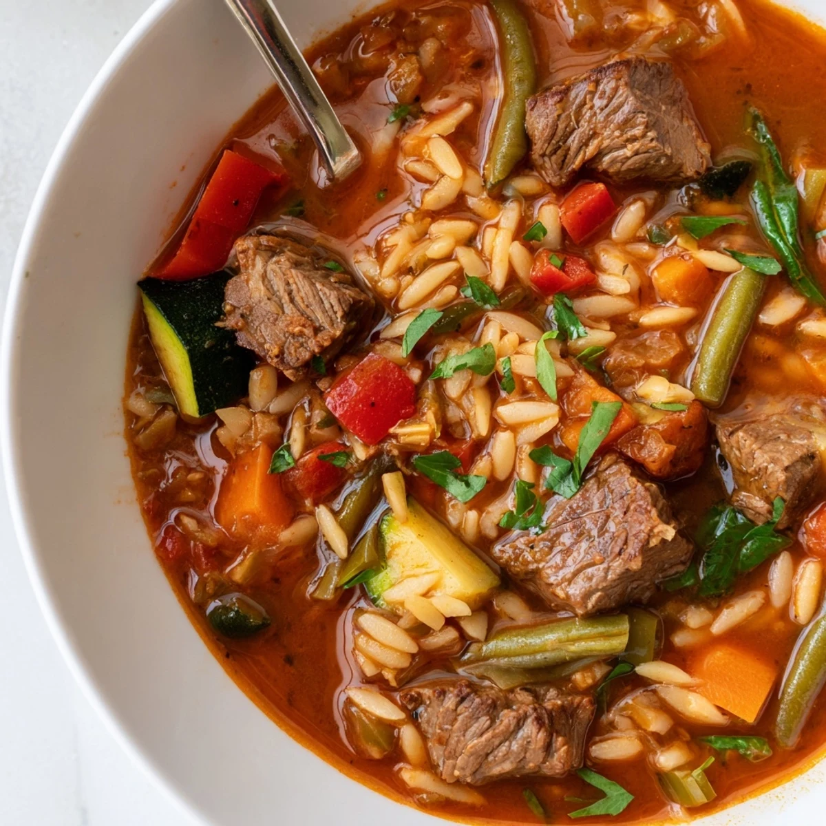 Warm bowl of hearty beef and orzo soup topped with fresh parsley garnish