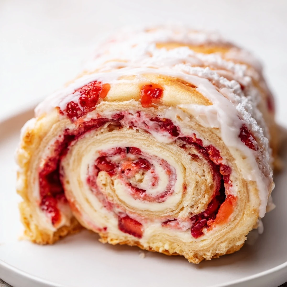 Soft baked strawberry shortcake cheesecake rolls swirled with creamy filling and bright red berries