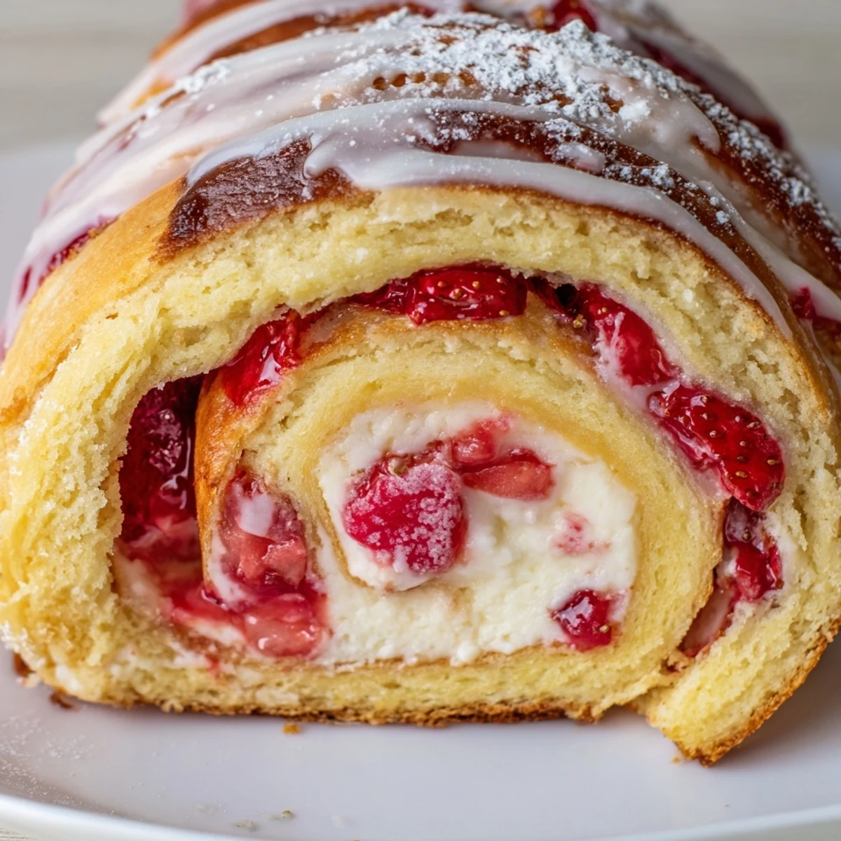 Golden strawberry shortcake cheesecake rolls drizzled with sweet vanilla glaze on a rustic plate