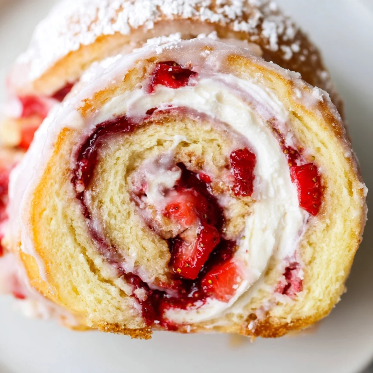 Warm strawberry shortcake cheesecake rolls pulled apart to reveal a rich, tangy cheesecake center