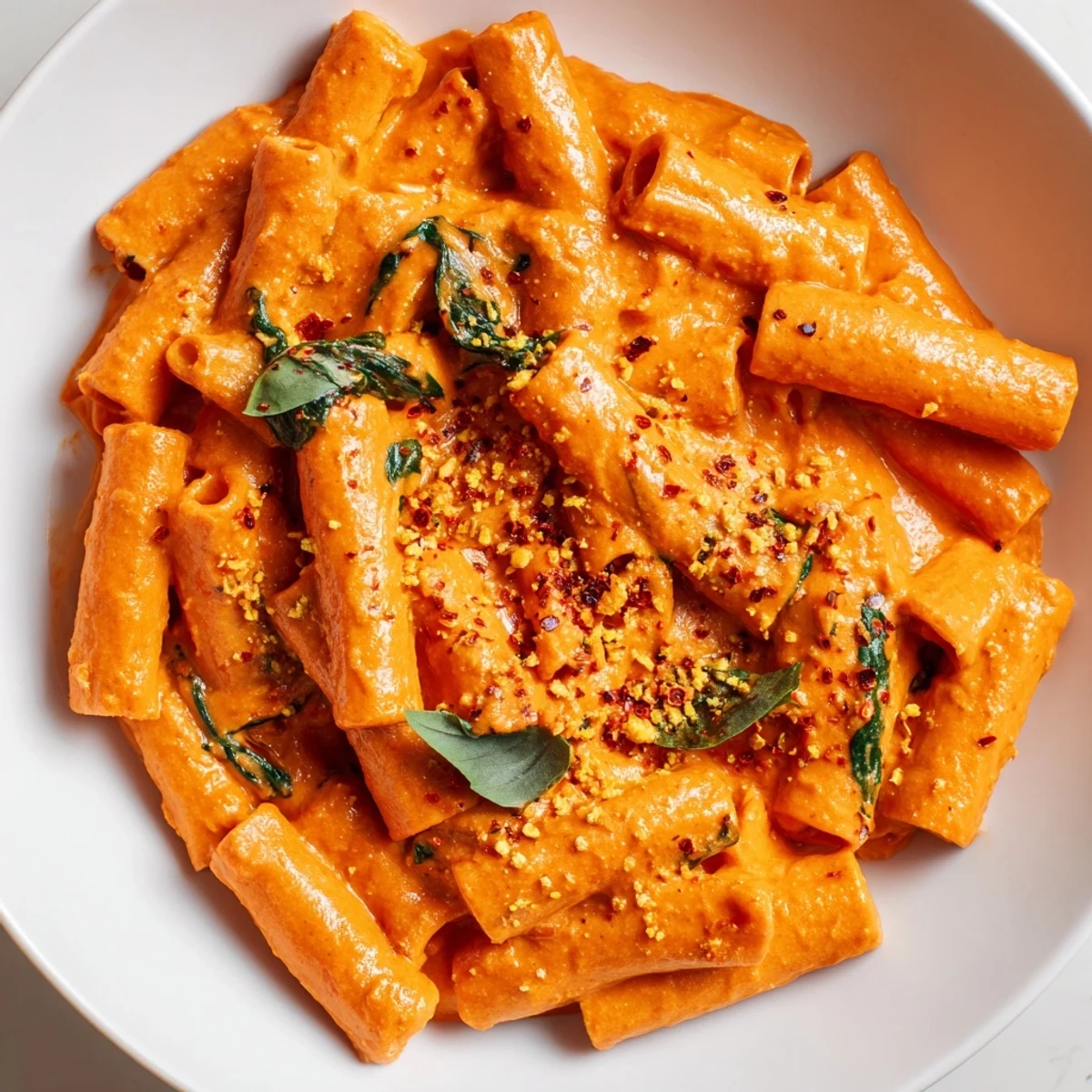 Creamy sun dried tomato vegan pasta in a smooth cashew sauce with fresh basil garnish