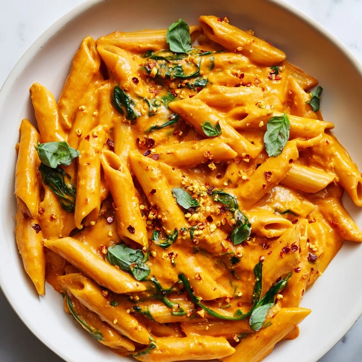 Penne coated in creamy sun dried tomato vegan pasta sauce with wilted spinach leaves