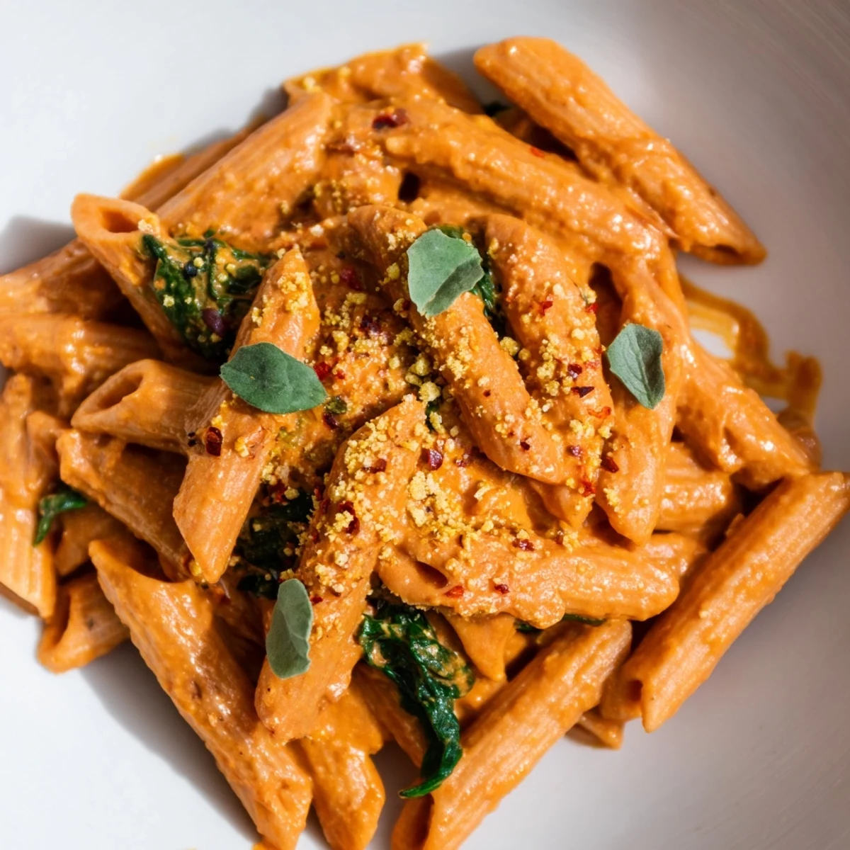 A warm bowl of creamy sun dried tomato vegan pasta topped with torn basil