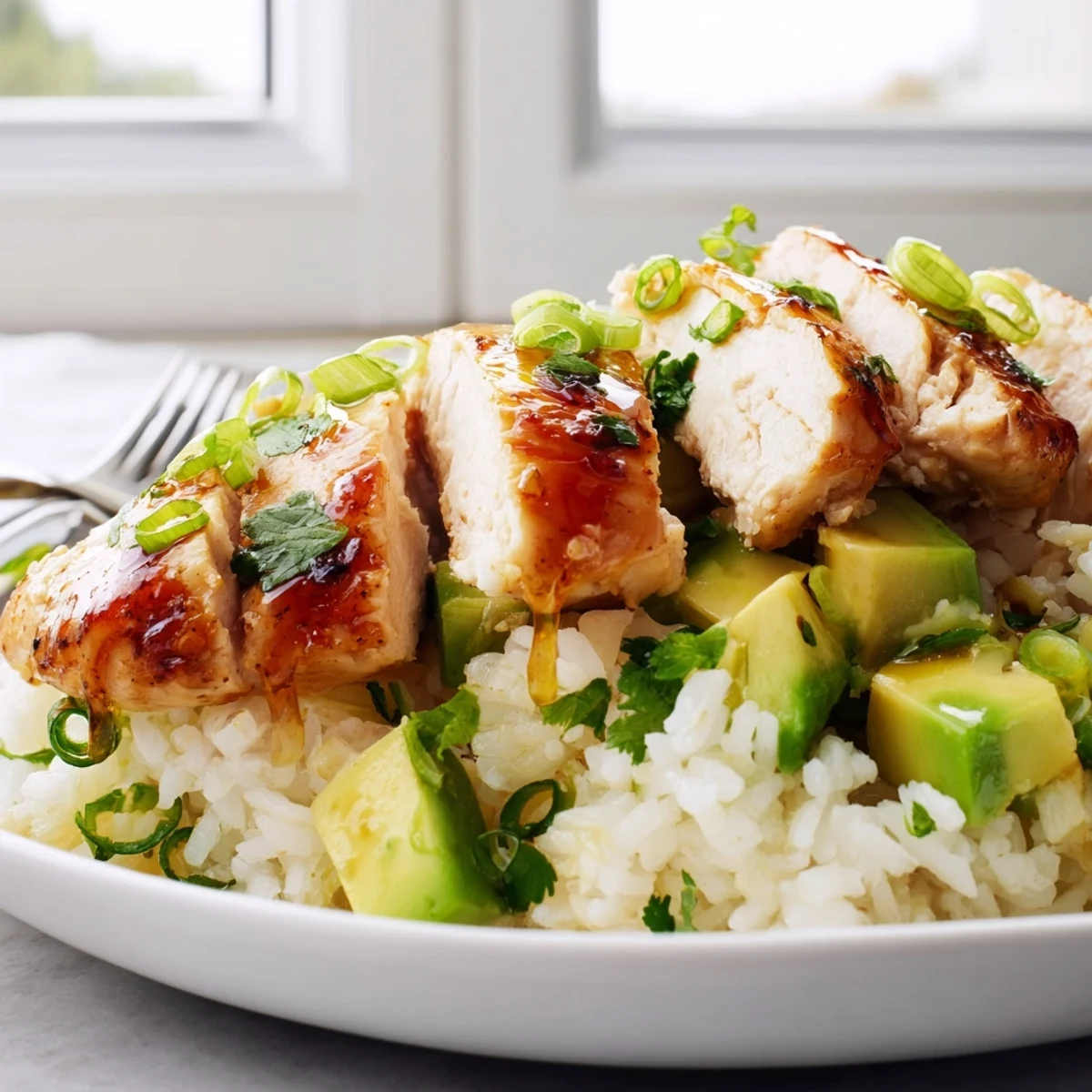 Golden honey lime chicken sliced over vibrant green avocado rice with fresh cilantro