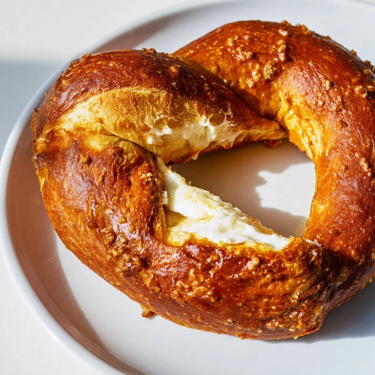 Golden brown mozzarella stuffed soft pretzels with coarse salt, served warm with melted cheese oozing out.