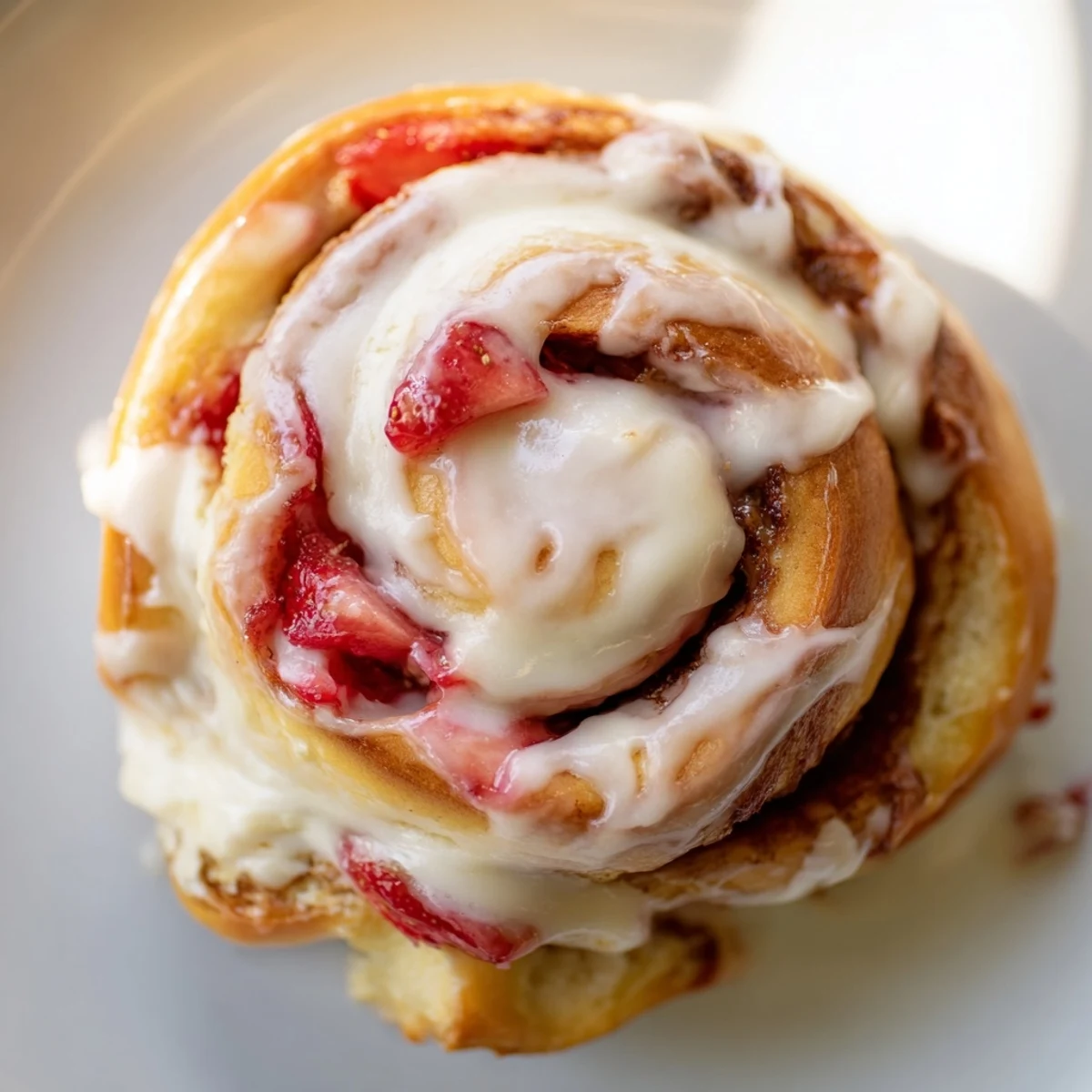 Golden strawberry cheesecake Cinnabon rolls drizzled with creamy vanilla glaze on a rustic plate