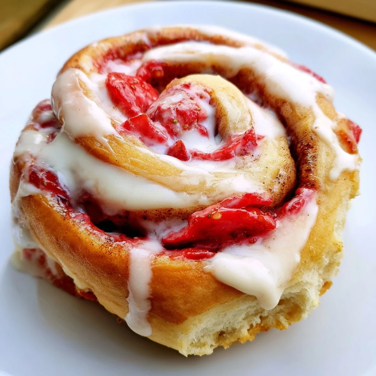 Warm strawberry cheesecake Cinnabon rolls fresh from the oven with thick vanilla glaze dripping