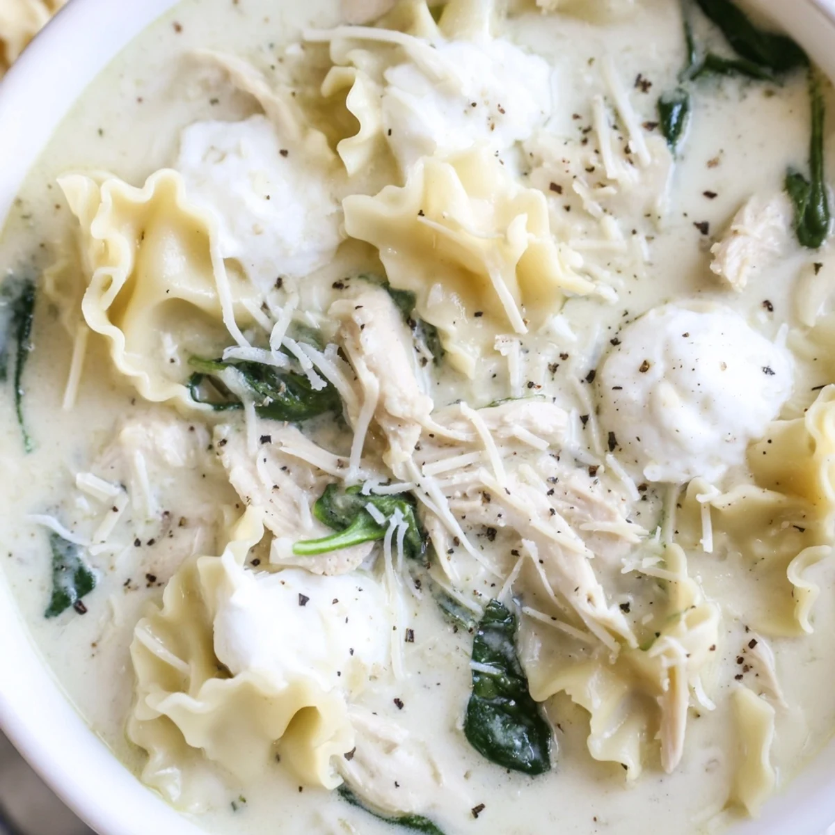 Creamy white lasagna soup in a white bowl with melted cheese and tender noodles