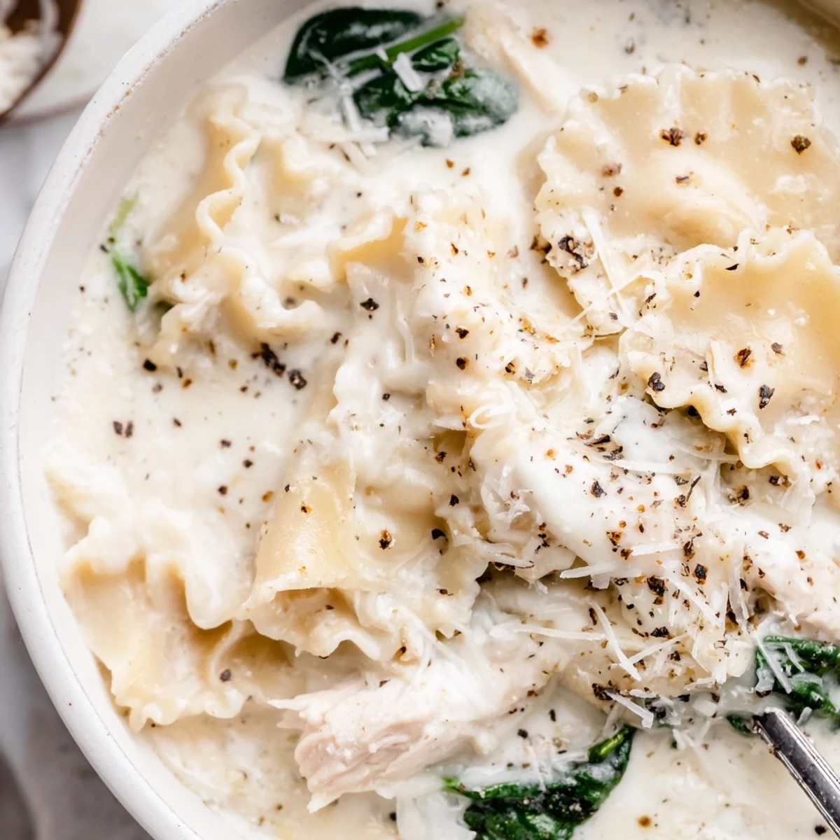 Steaming bowl of white lasagna soup topped with Parmesan and fresh cracked pepper